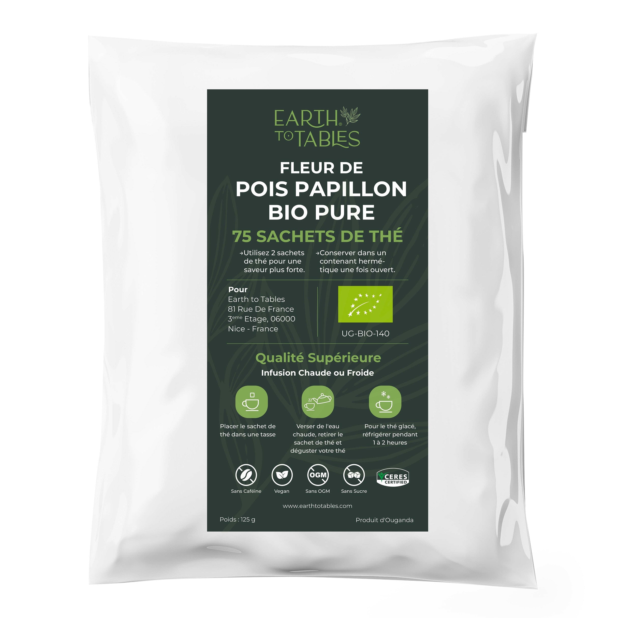 Thé Bleu à la fleur de Pois Papillon Biologique 75 Sachets